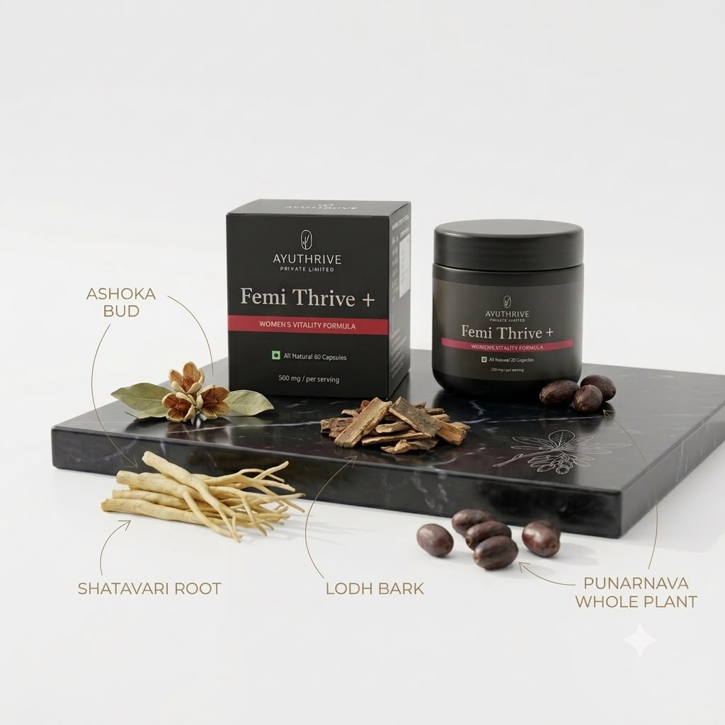 Ayuthrive FemiThrive + women's vitality formula with shatavari root, ashoka bud, lodh bark and punarnava